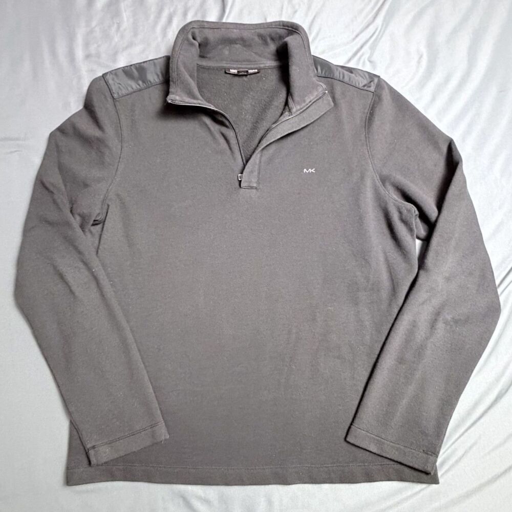 Men 1/4 Zip Michael Kors Logo Black Large Fleece Pullover Cotton Nylon Shoulders